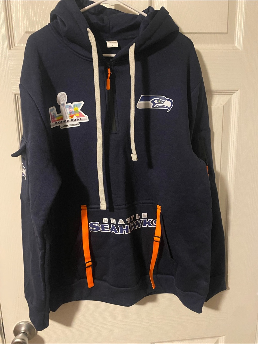 Seattle Seahawks Navy Pullover Hoodie with Orange Accents